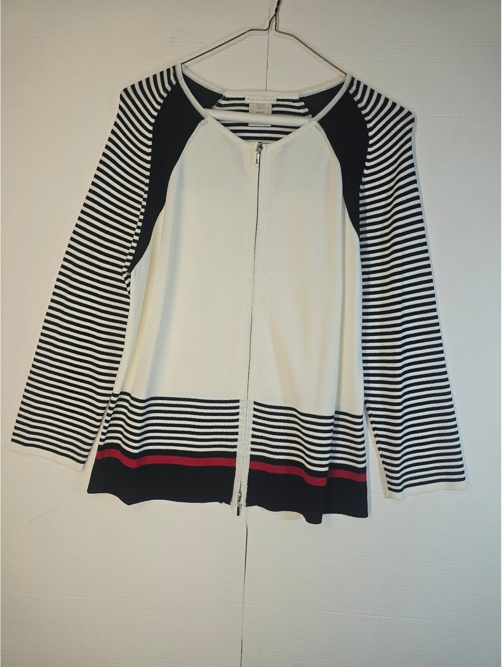 Austin Reed Womens Large Striped Full Zip Sweater Cardigan White Black Red